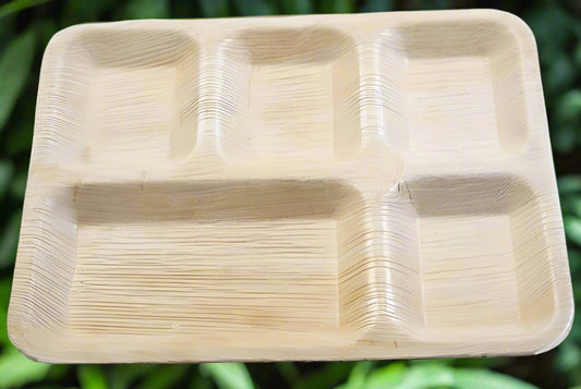 5 Compartment Rectangular Areca Palm Leaf Plate-Pack of 25